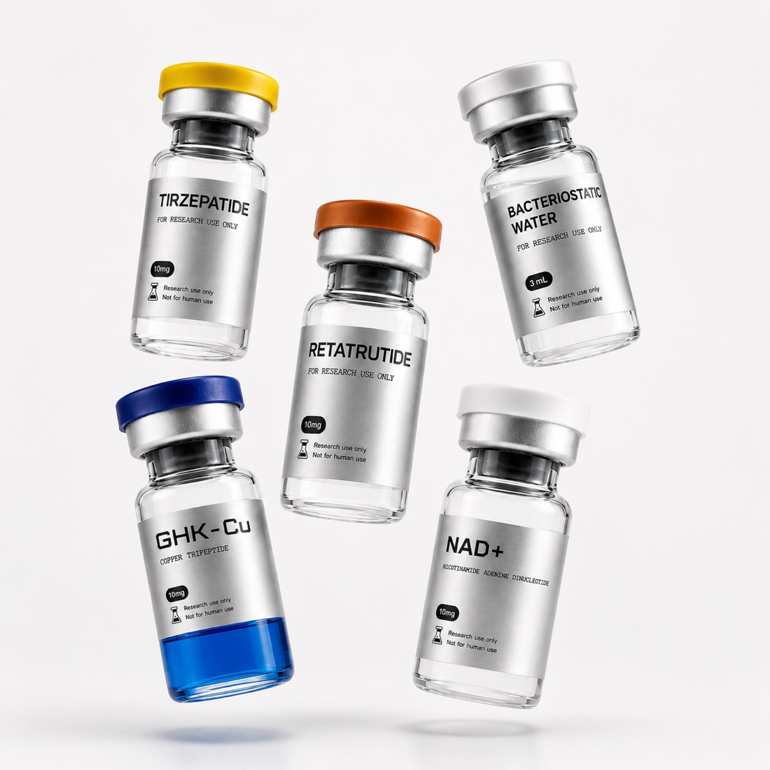 PepStack research peptide vials — Tirzepatide, Retatrutide, GHK-Cu, NAD+ and bacteriostatic water